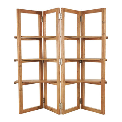 Wooden folding shelf with multiple tiers and hinges.