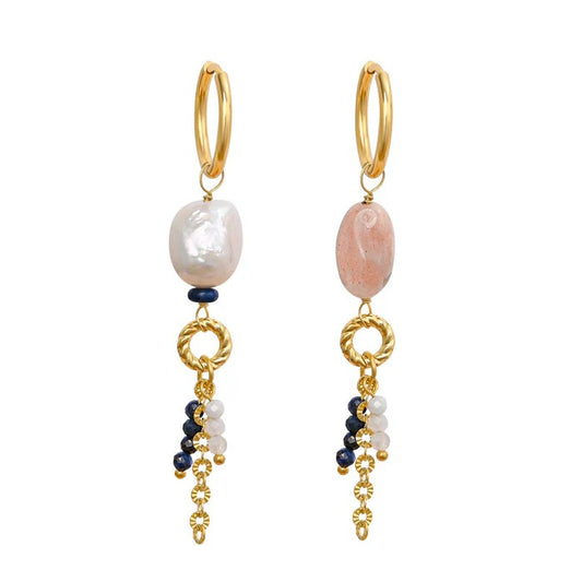 Gold hoop earrings with pearls and gemstone dangles.