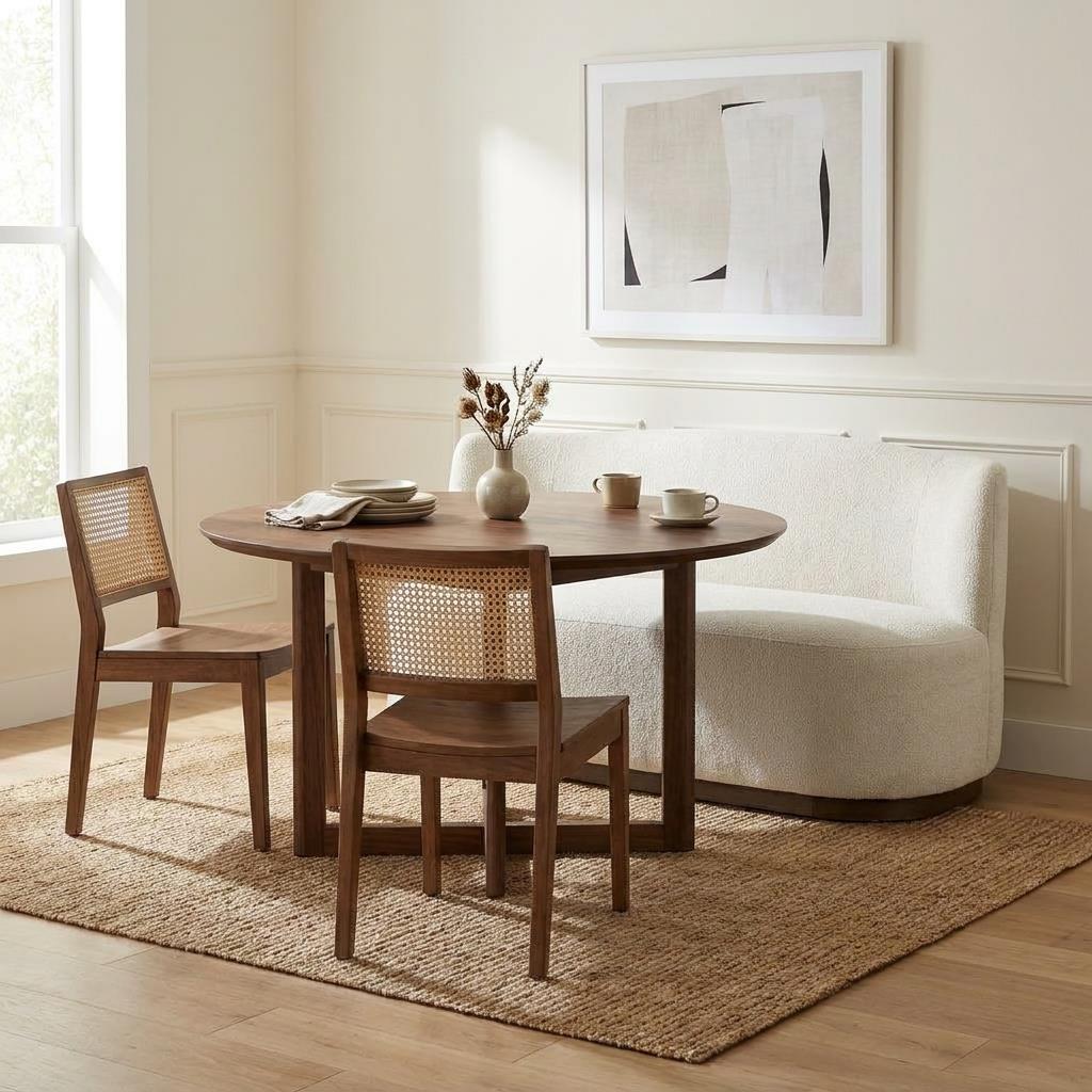 Minimalist dining area with a round table, chairs, and abstract art.