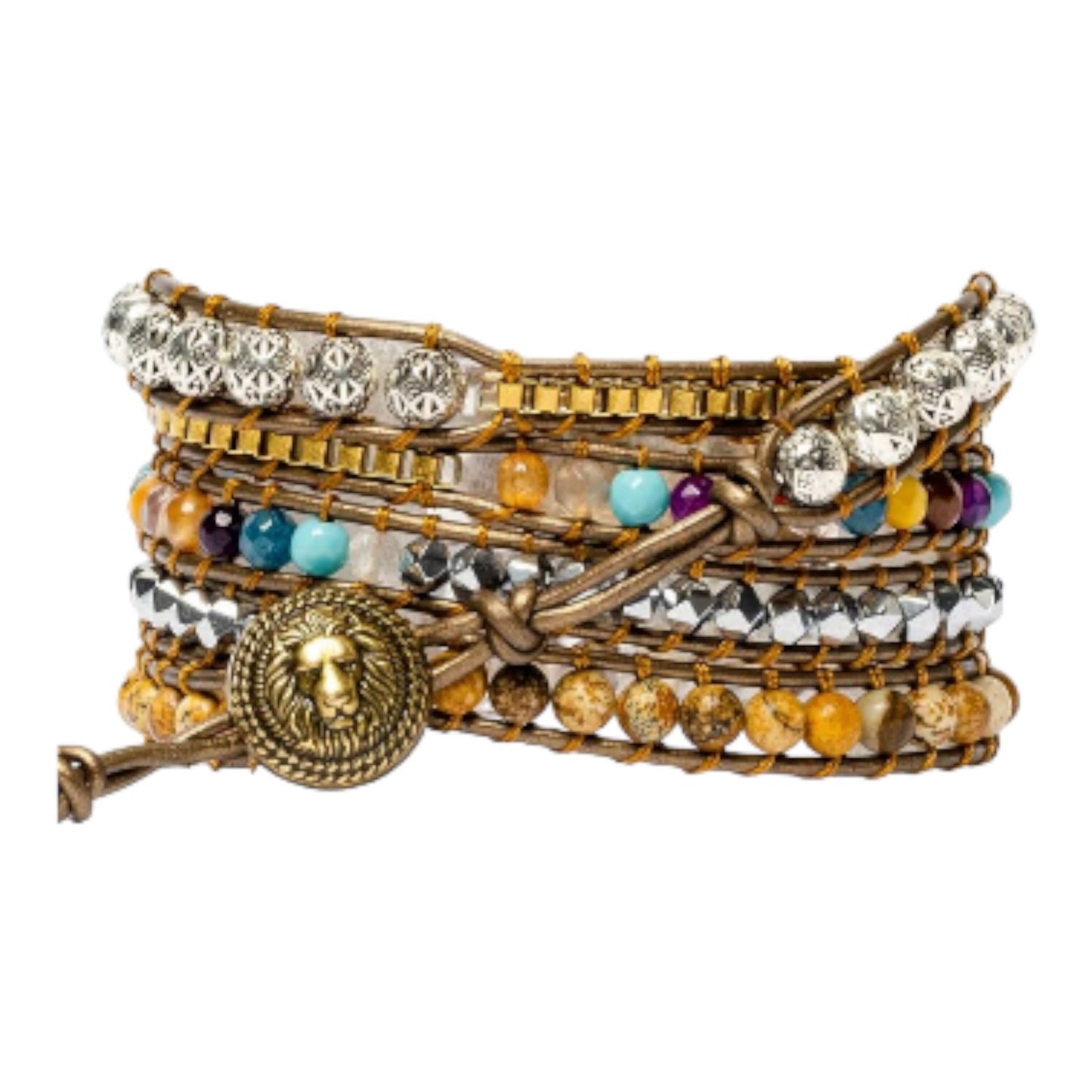 Layered bracelet with colorful beads and a lion emblem.