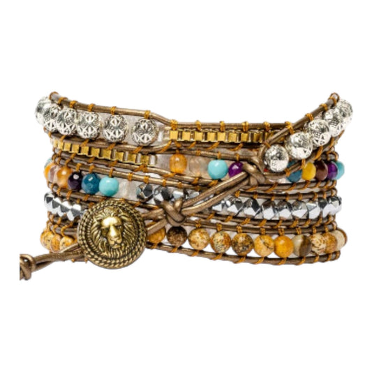 Layered bracelet with colorful beads and a lion emblem.