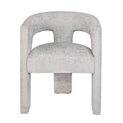Modern gray upholstered armchair with curved backrest.