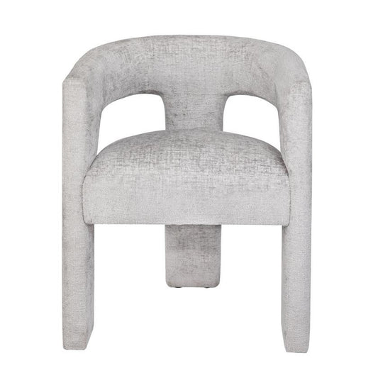 Modern gray upholstered armchair with curved backrest.