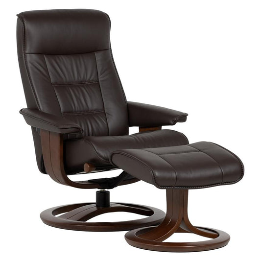 Brown recliner chair with matching ottoman.