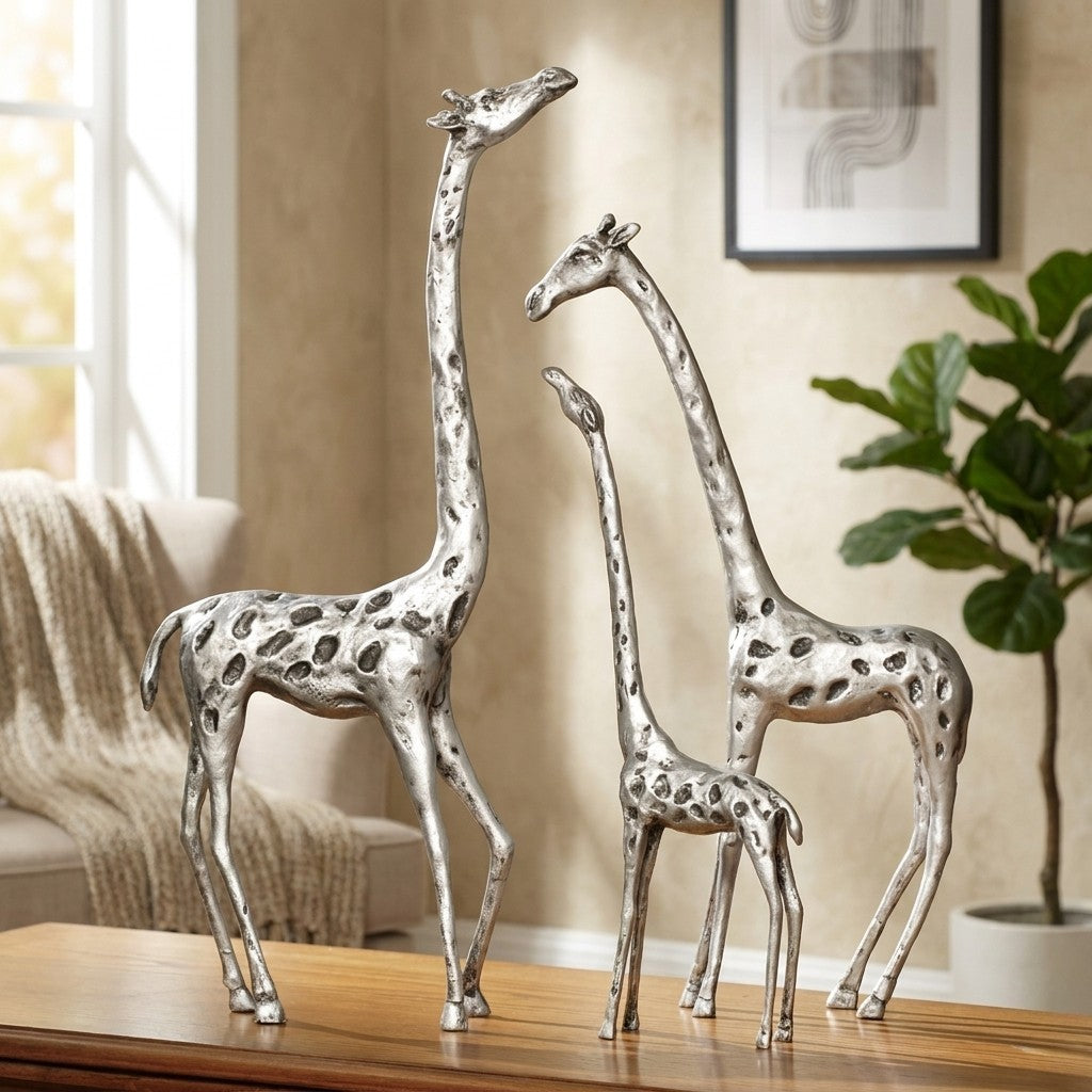 Three metallic giraffe sculptures on a wooden table in a cozy room.