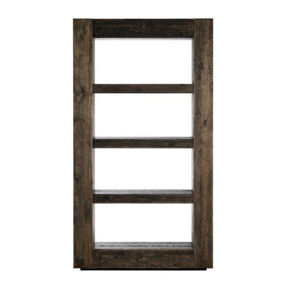 Dark wooden bookshelf with four shelves, minimalist design.