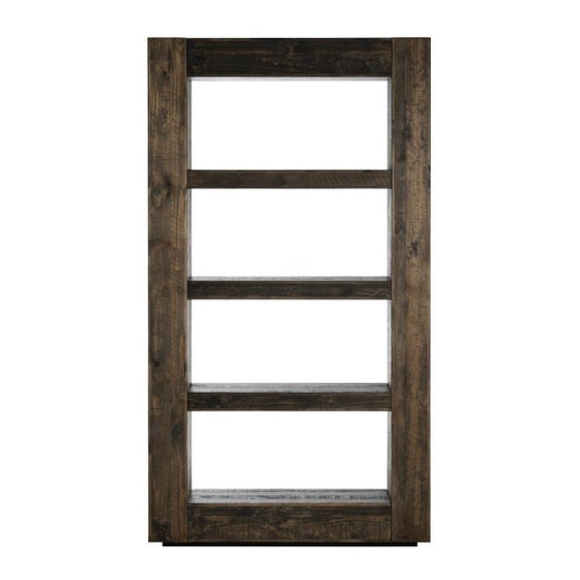 Dark wooden bookshelf with four shelves, minimalist design.