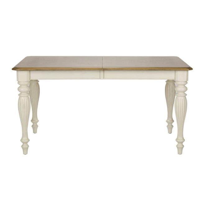 Elegant wooden dining table with white carved legs.