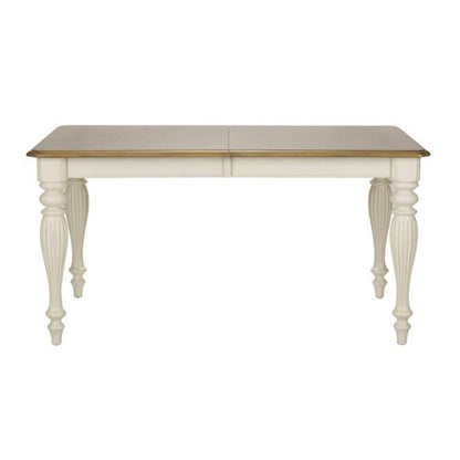 Elegant wooden dining table with white carved legs.