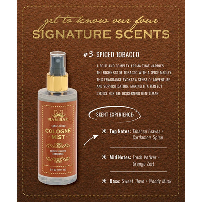 Cologne mist with spiced tobacco scent featuring cardamom and woody musk notes.