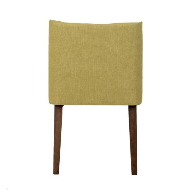 Back view of a chair with a yellow cushion and wooden legs.