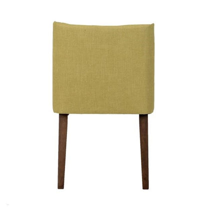 Back view of a chair with a yellow cushion and wooden legs.