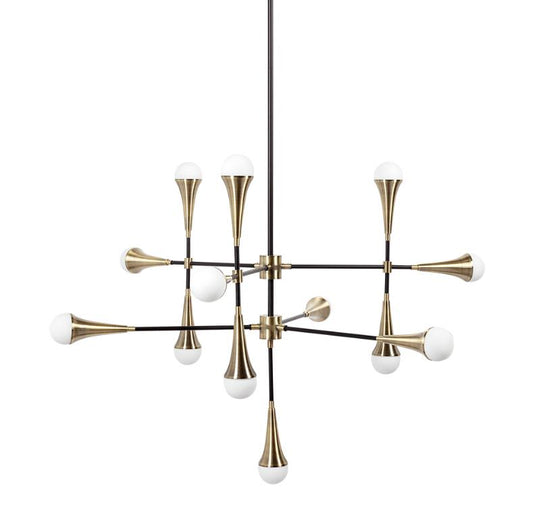 Modern brass and black chandelier with multiple white bulbs.