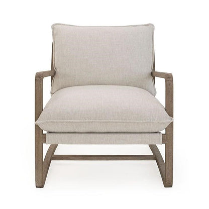 Modern beige armchair with wooden frame.