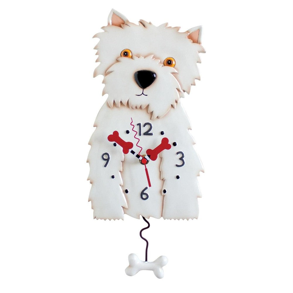 Whimsical dog-shaped clock with bone pendulum and dog bone hands.