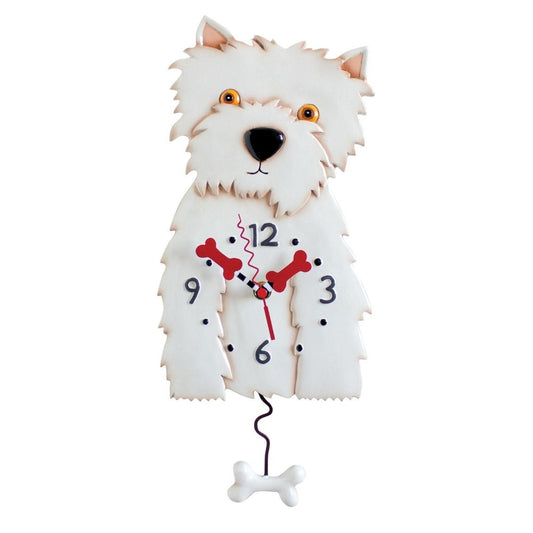 Whimsical dog-shaped clock with bone pendulum and dog bone hands.