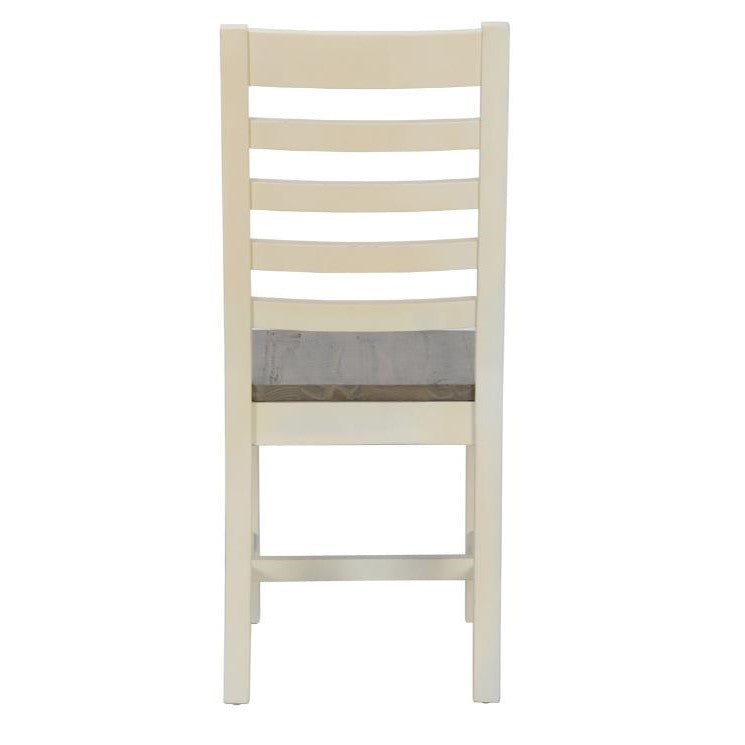 Wooden chair with a ladder back design, viewed from the rear.