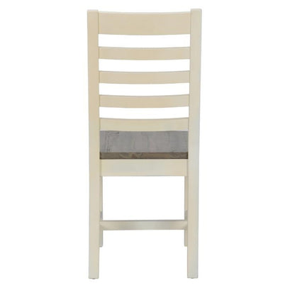 Wooden chair with a ladder back design, viewed from the rear.