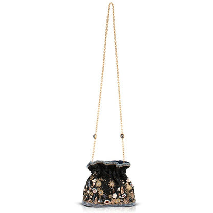 Elegant black beaded drawstring bag with gold chain strap.