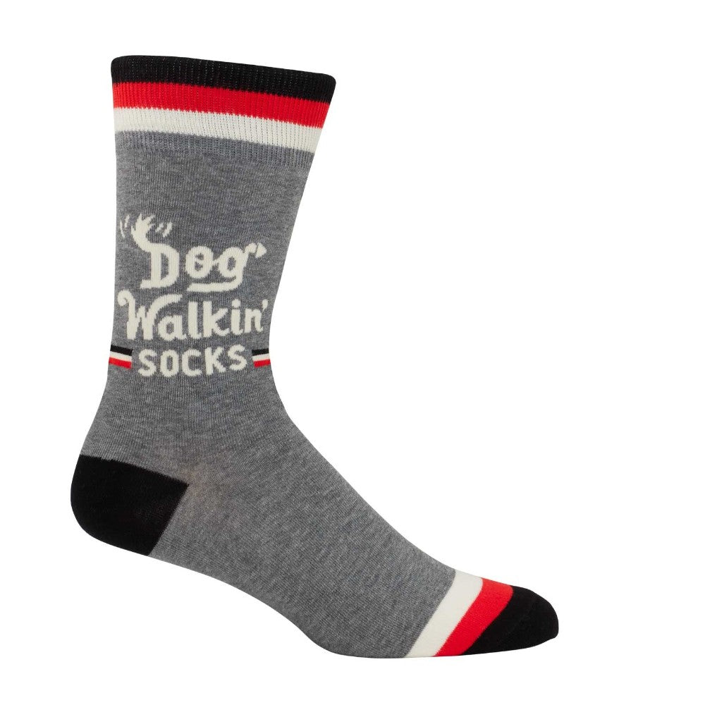 Gray sock with "Dog Walkin' Socks" text, red, white, and black stripes.