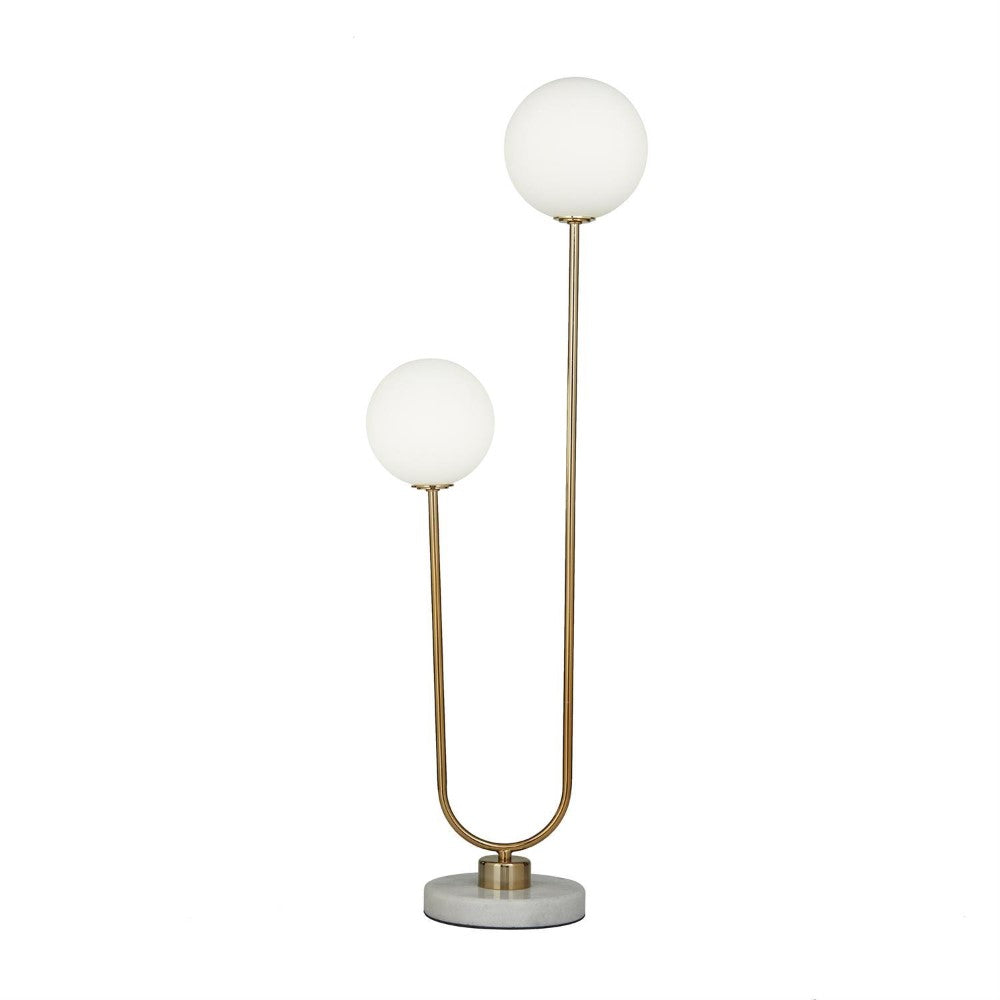 Modern dual-globe lamp with marble base and brass stems.