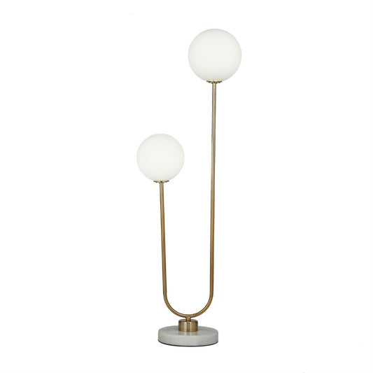 Modern dual-globe lamp with marble base and brass stems.