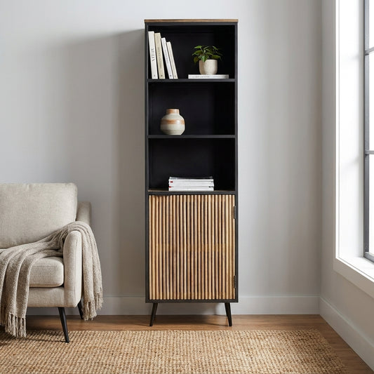 Tall black shelf with slatted wood door and three open shelves.