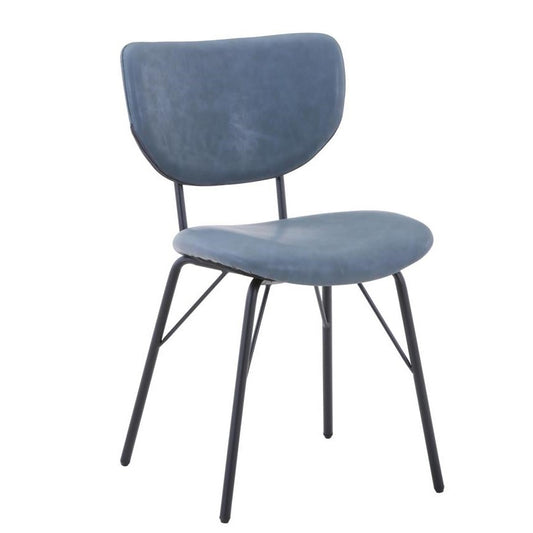 Modern blue chair with black metal legs.