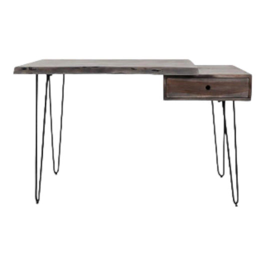 Rustic desk with sleek metal legs and a wooden drawer.