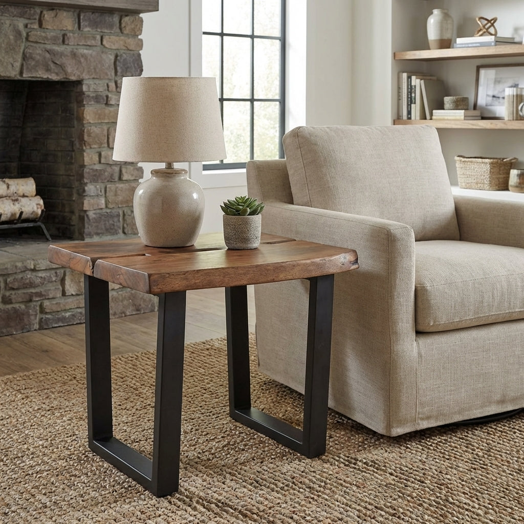 Wooden table with black metal legs.