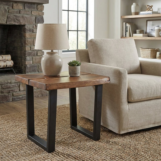 Wooden table with black metal legs.