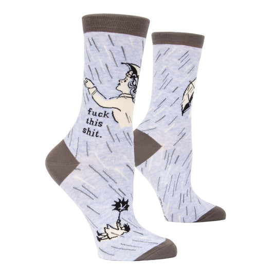 Light blue socks with phrase and cartoon in rain.