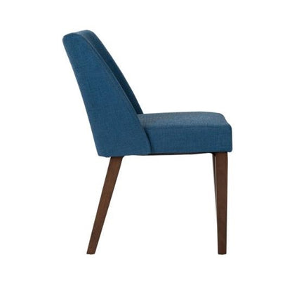 Blue upholstered chair with wooden legs, side view.