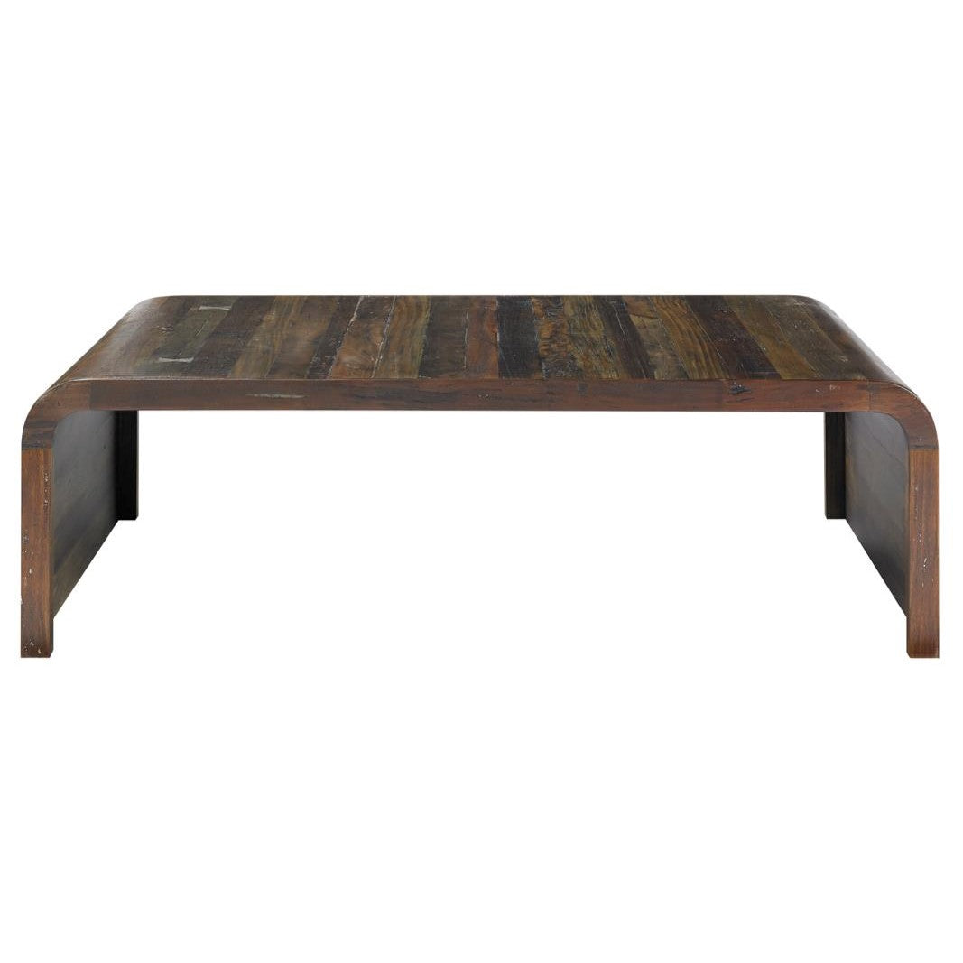 Low wooden coffee table with a simple, sturdy design.