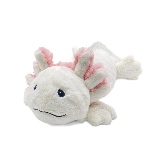 A cute white axolotl plush toy with pink frills.