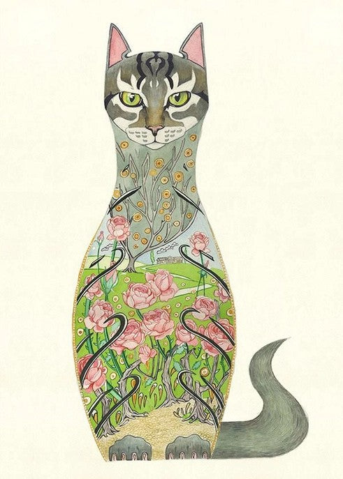 Stylized cat with floral and garden motifs on its body.