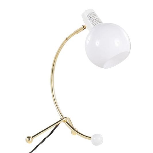 Modern brass lamp with spherical white shade and curved design.