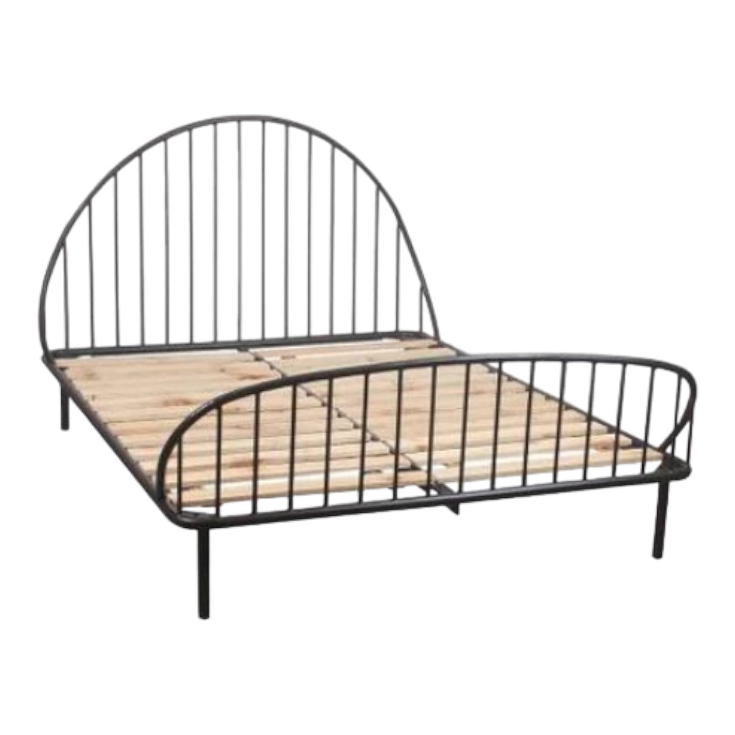 Black metal bed frame with curved headboard and slatted wooden base.