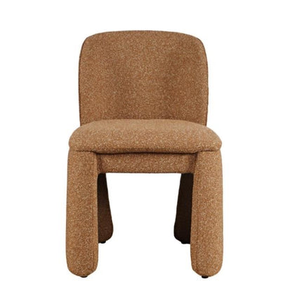 Modern brown upholstered chair with thick legs.