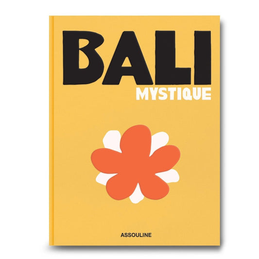 Yellow book cover: "Bali Mystique" with red flower.