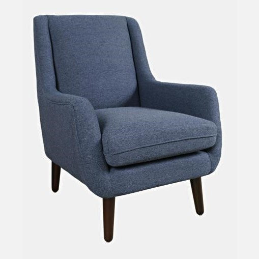 Blue fabric armchair with wooden legs.