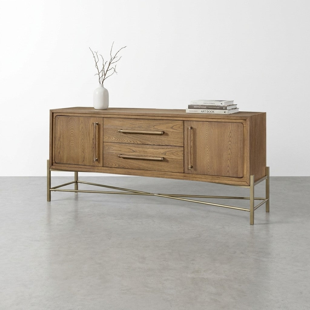 Wooden sideboard with metal legs, vase, and books on top.