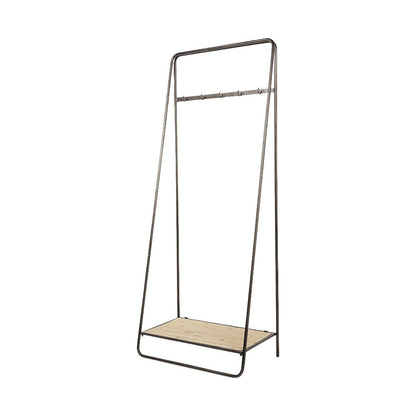 Minimalist metal garment rack with wooden shelf.