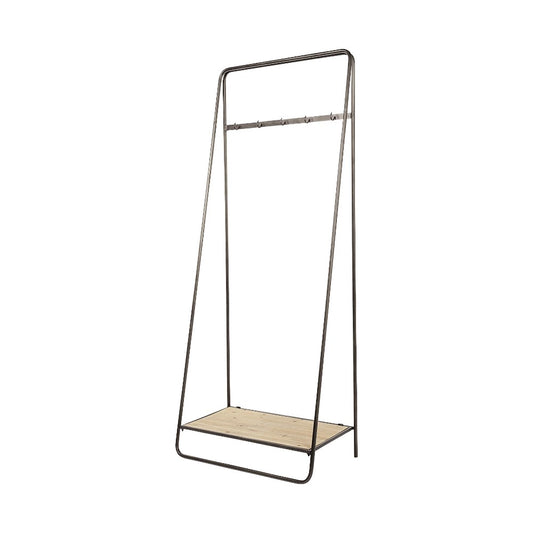 Minimalist metal garment rack with wooden shelf.