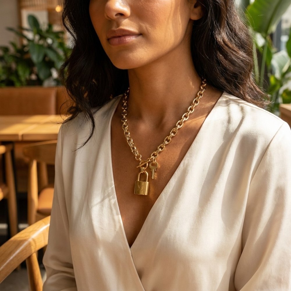 A woman in a white blouse wears a gold chain necklace with a lock and key pendants.