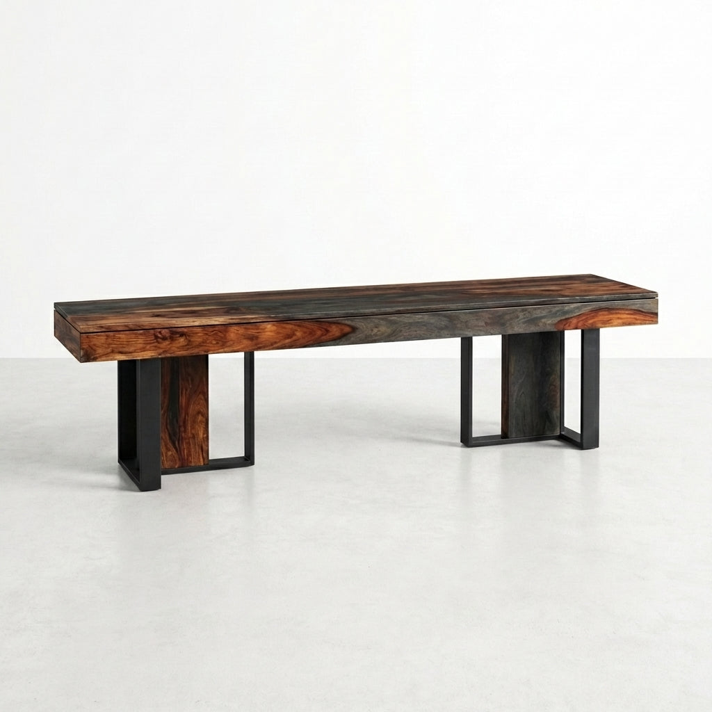 Modern wooden bench with black metal legs.