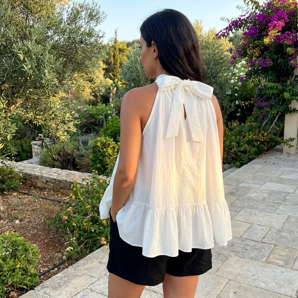 Woman in white top and shorts, standing in a lush garden.