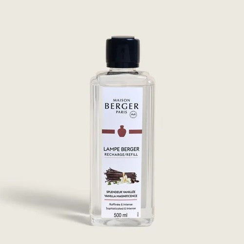 Maison Berger vanilla refill bottle, 500 ml, clear with black cap.
