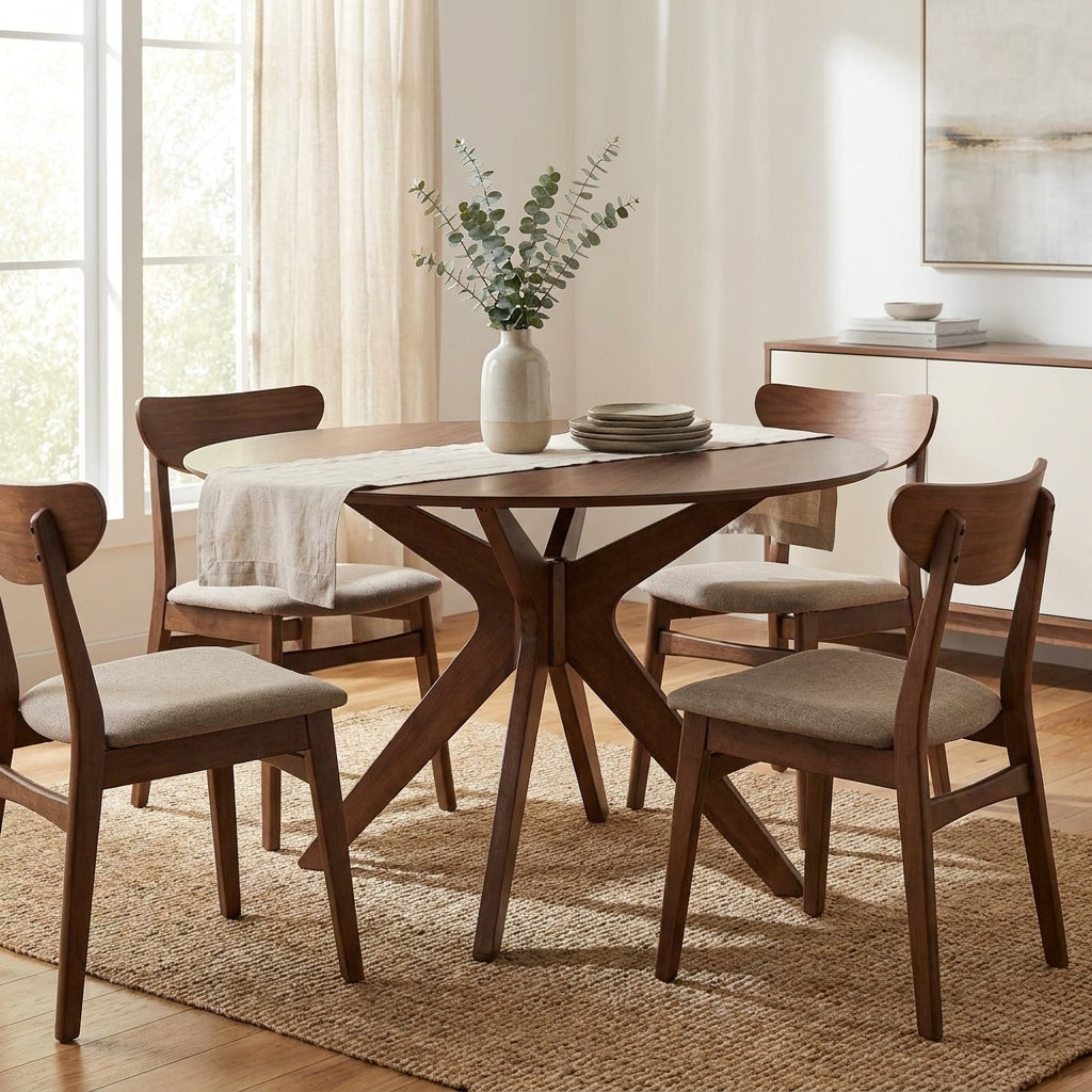 Mid-century dining set with vase centerpiece on a textured rug, softly lit by natural light.