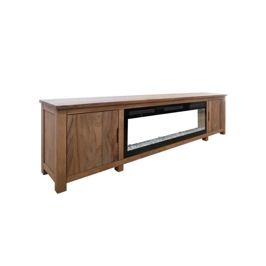 Wooden TV stand with built-in fireplace and cabinets.